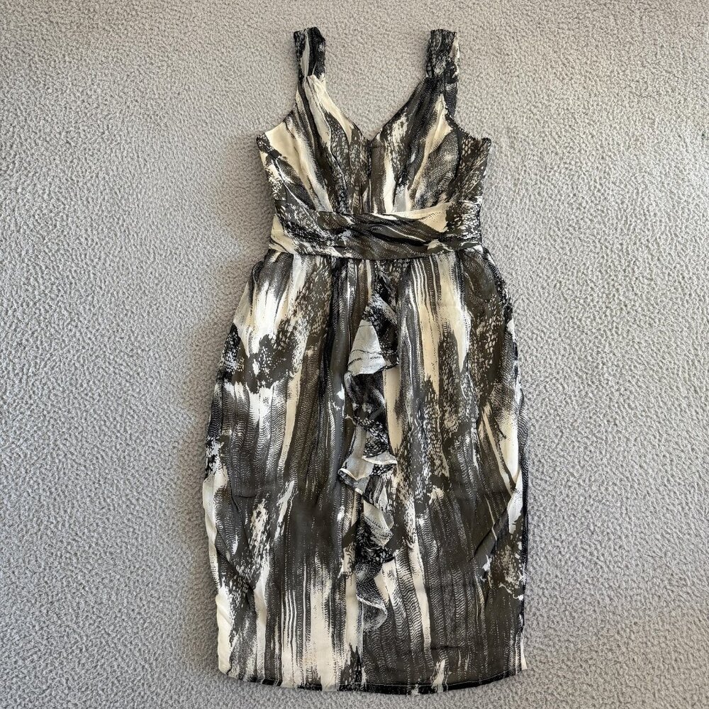 Tara Jarmon Silk Dress Ruffle Gathered Cream Black Designer